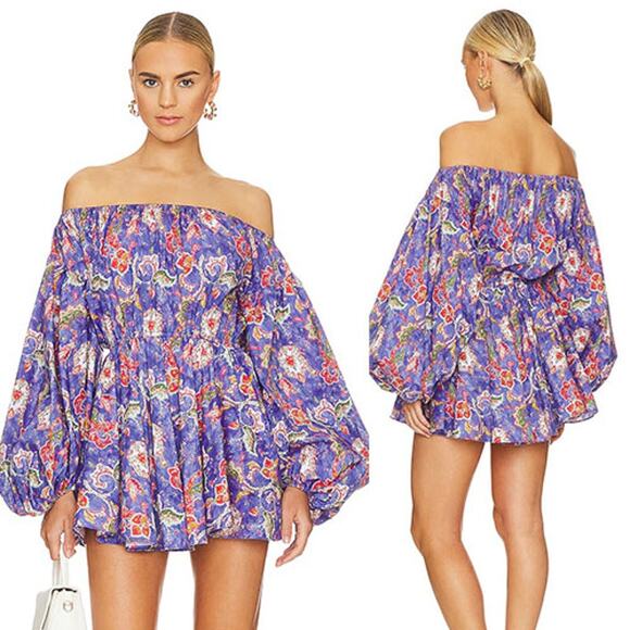 NEW Caroline Constas Charli Enchanted Paisley Off-Shoulder Mini Dress Blue - Picture 1 of 9